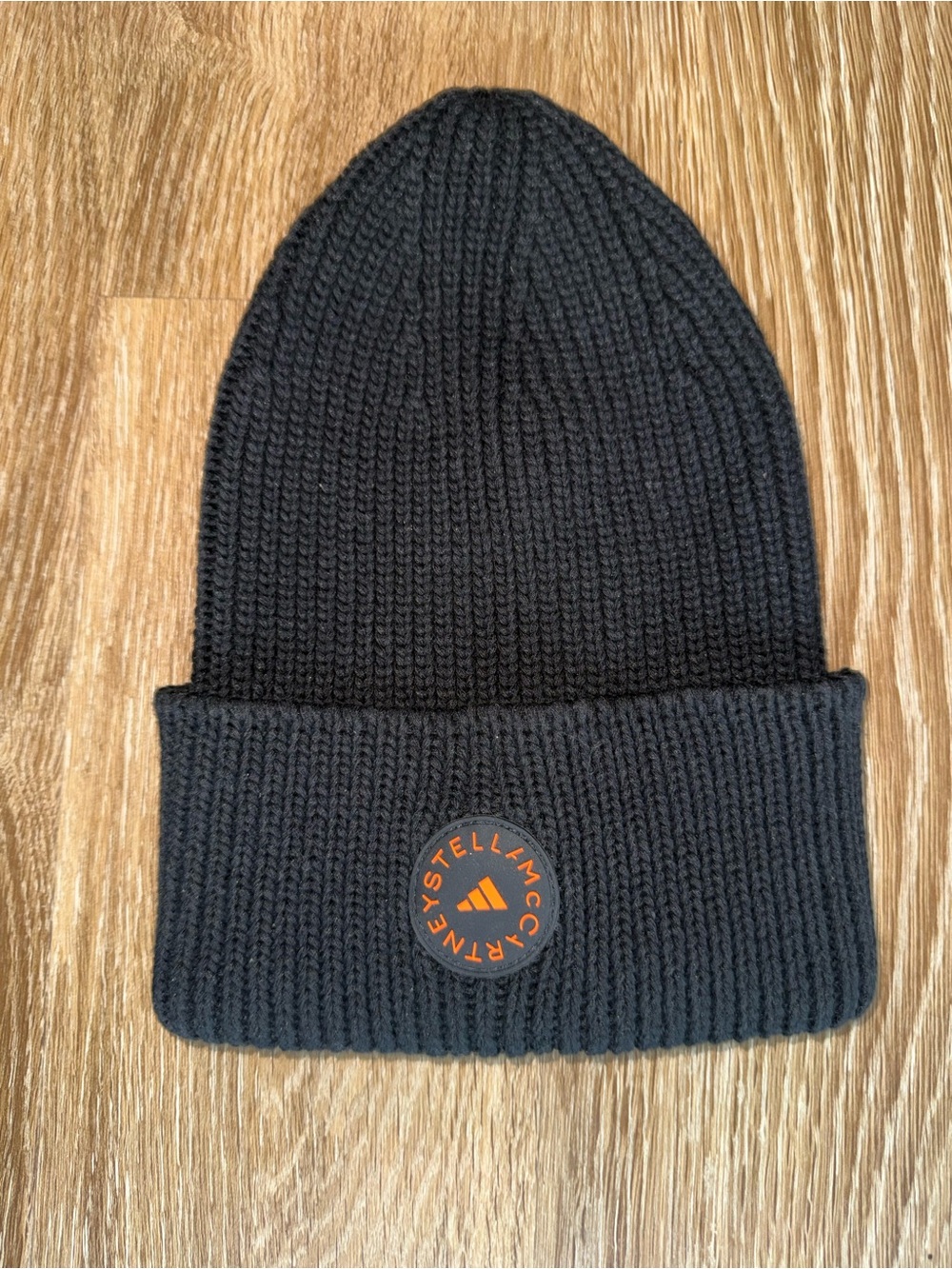 Adidas by Stella McCartney Black Knit Cuffed Beanie with Orange Logo Patch